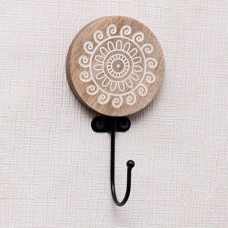 Brown Round Wooden Floral Coat Hooks Wall Mount